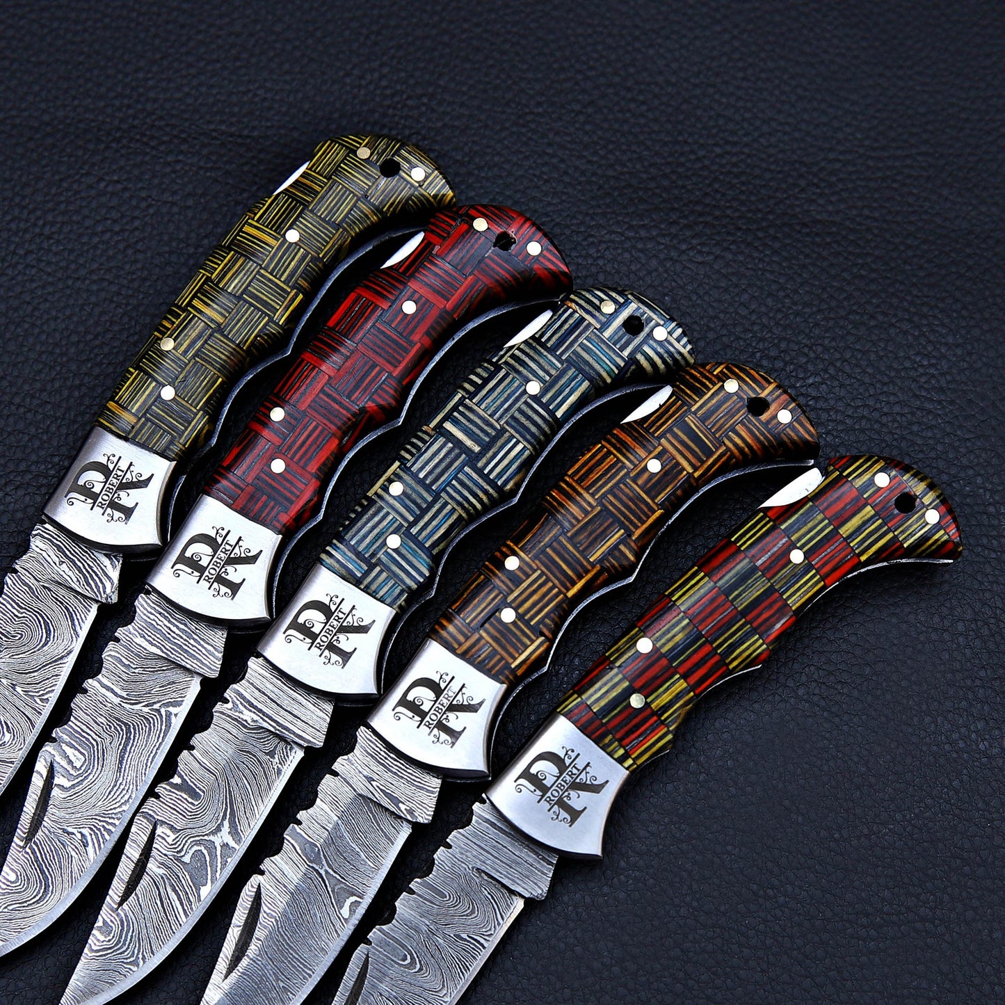 Damascus Knife Set of 5 – Folding Pocket Knives with Color Handles & Leather Sheath, Groomsmen Gift Set, Personalized Knife Set for Him