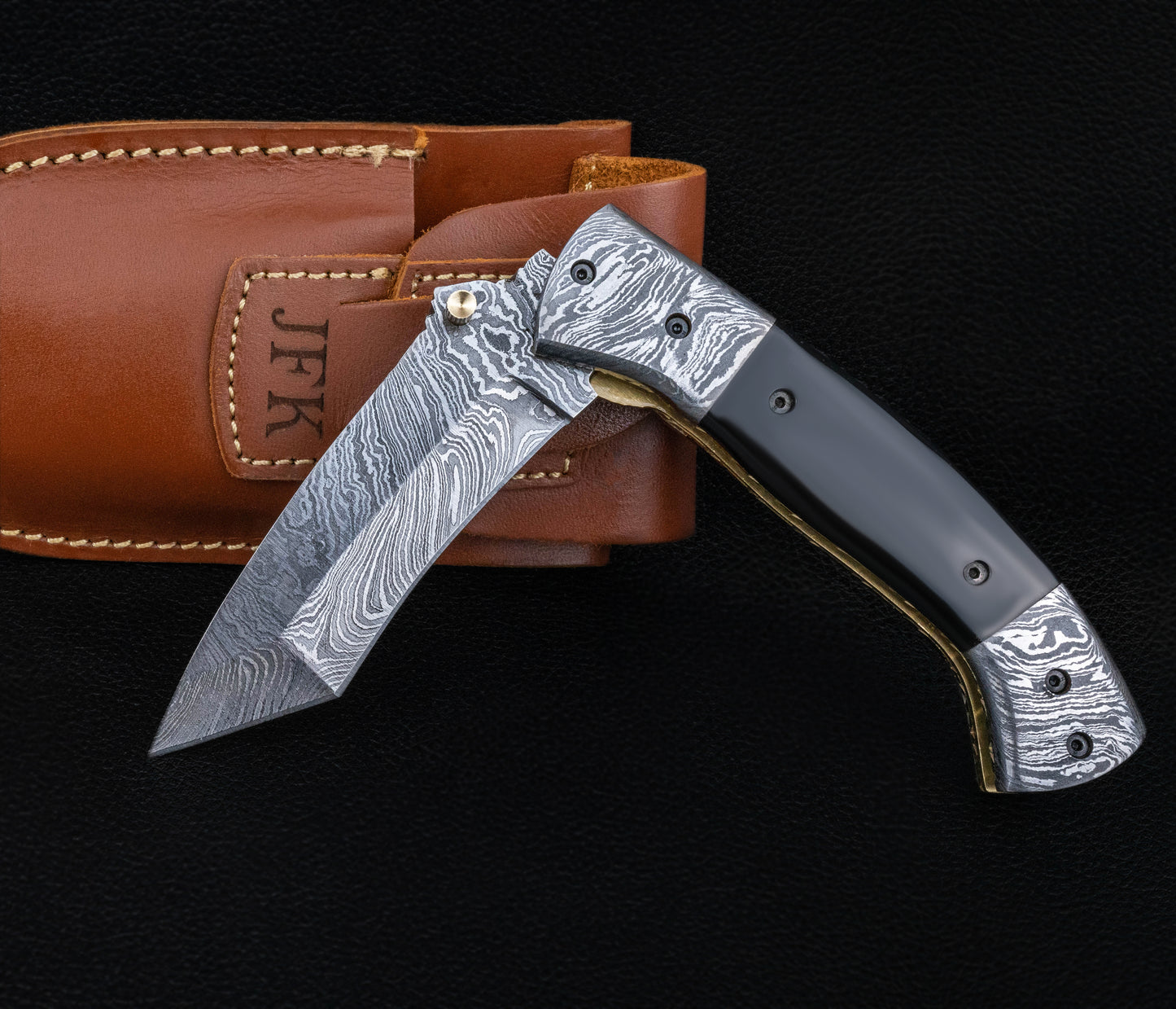 Curved Hand Forged Black Damascus Folding Knife