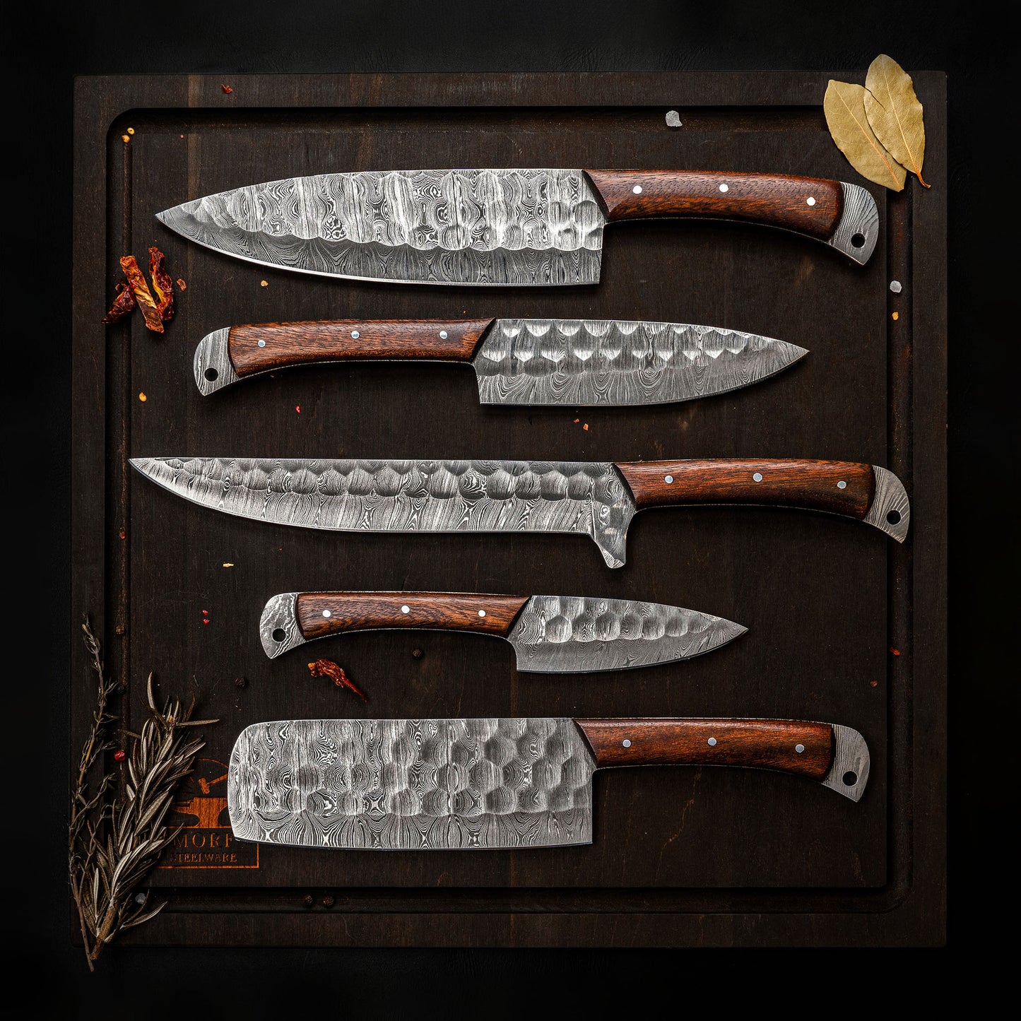 Damascus Chef Knife Set For Kitchen Rose Wood Handle