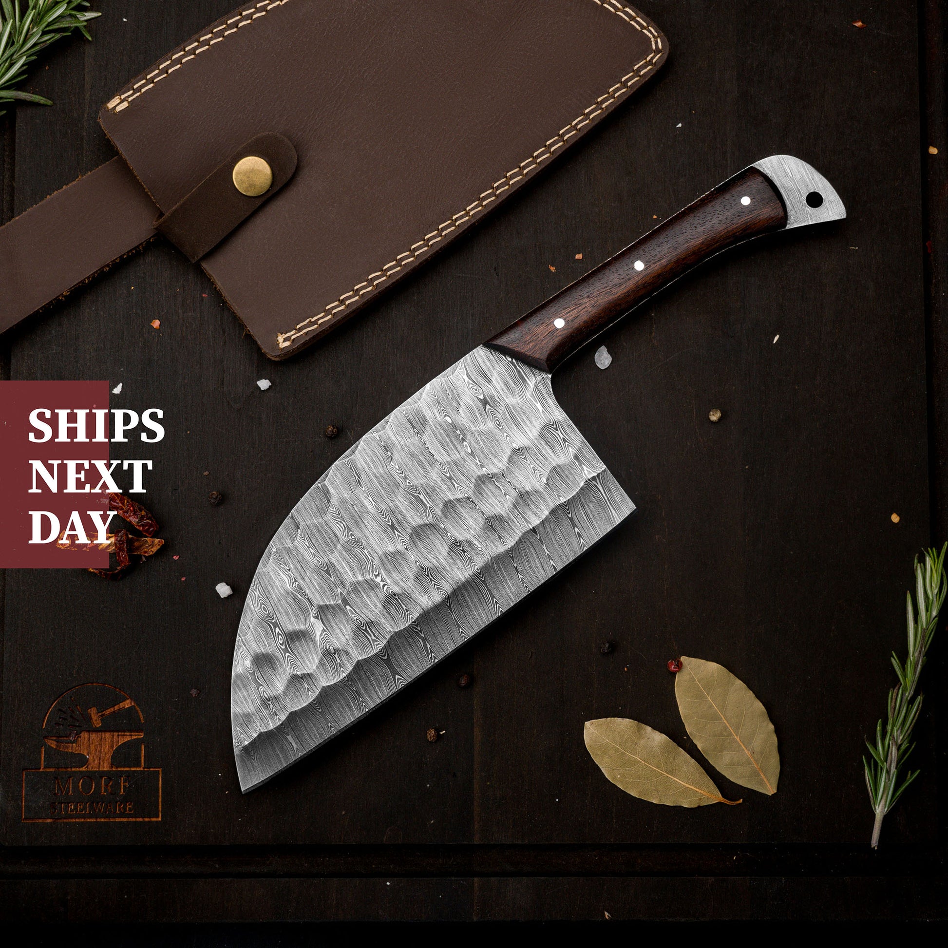 Chef Serbian Cleaver Knife With Rosewood Handle Free Leather 