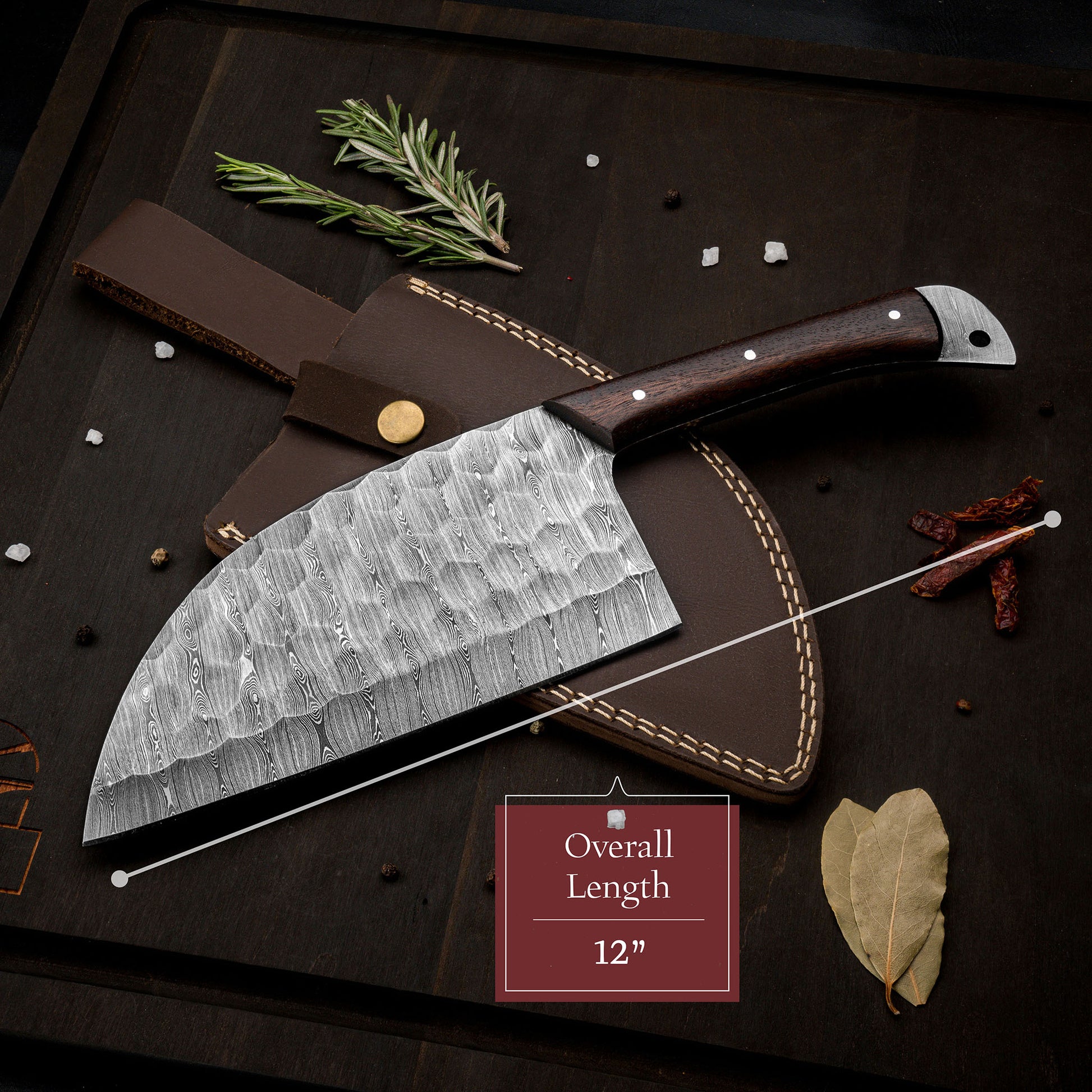 Chef Serbian Cleaver Knife With Rosewood Handle Free Leather 
