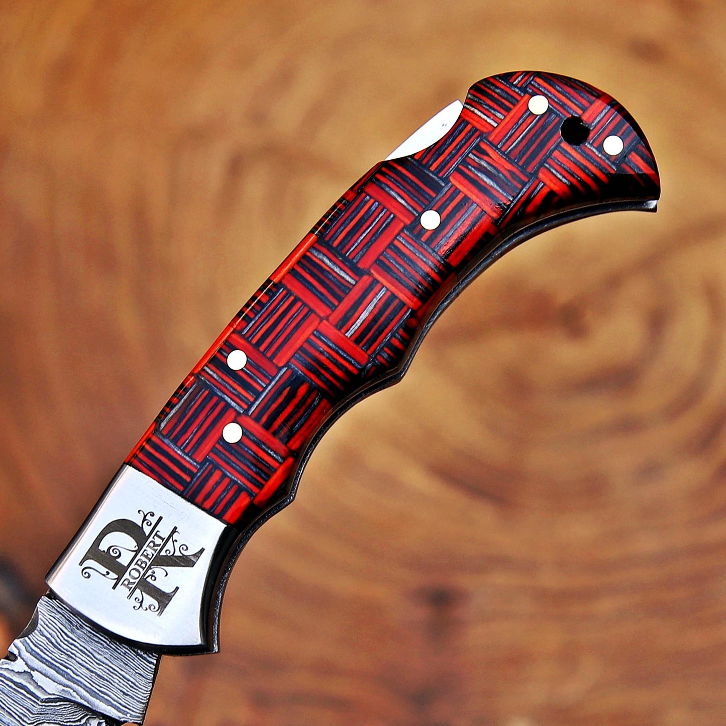 Red Checkered Gut Hook Damascus Knife – Handmade Folding Pocket Knife | Tactical EDC Hunting Knife | Gift for Him with Attitude