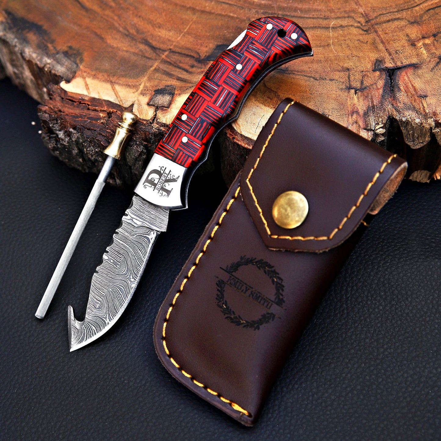 Red Checkered Gut Hook Damascus Knife – Handmade Folding Pocket Knife | Tactical EDC Hunting Knife | Gift for Him with Attitude