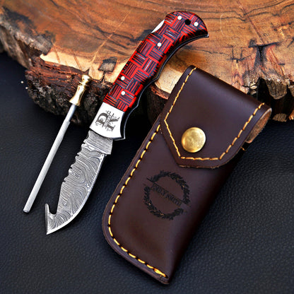 Red Checkered Gut Hook Damascus Knife – Handmade Folding Pocket Knife | Tactical EDC Hunting Knife | Gift for Him with Attitude
