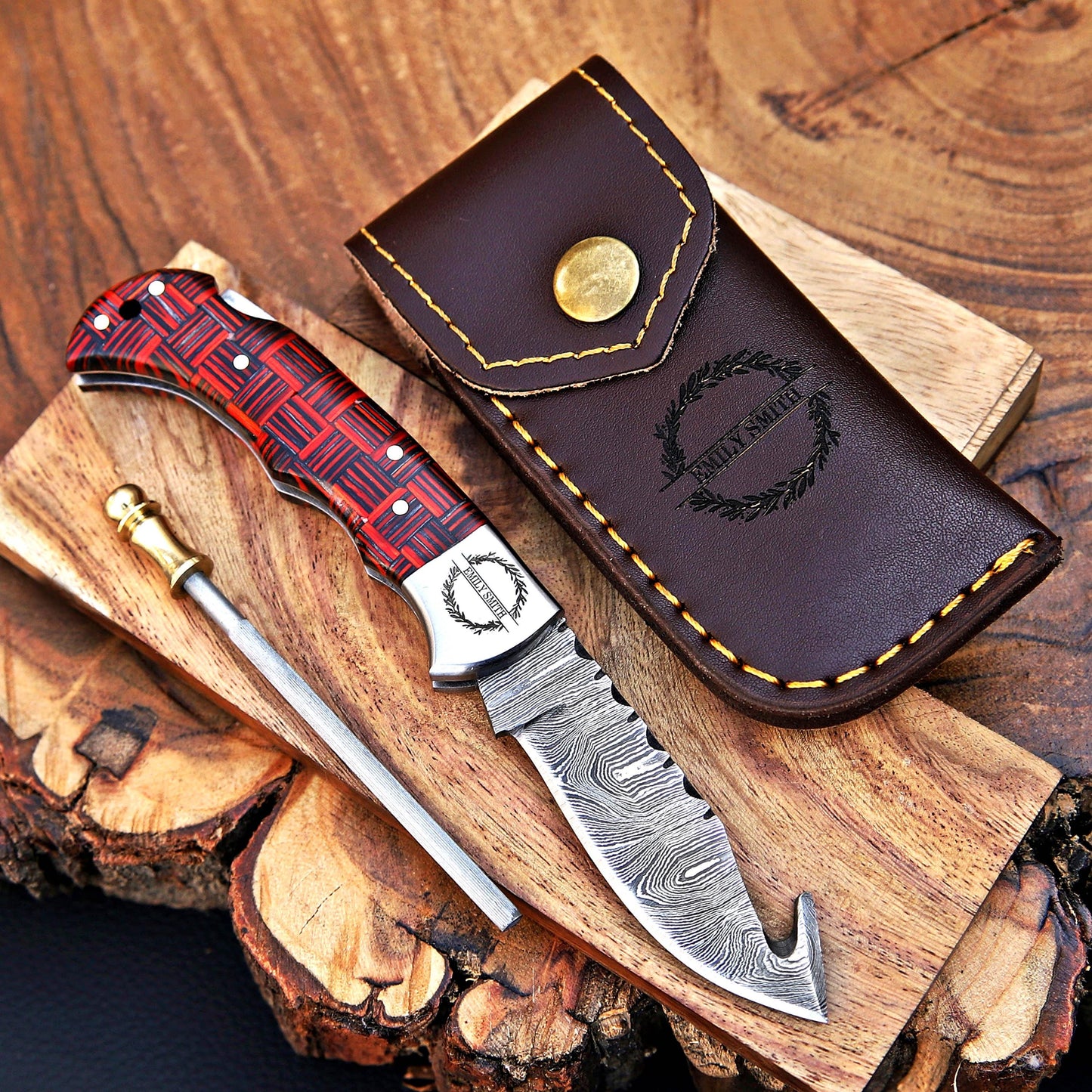 Red Checkered Gut Hook Damascus Knife – Handmade Folding Pocket Knife | Tactical EDC Hunting Knife | Gift for Him with Attitude