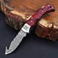 Red Checkered Gut Hook Damascus Knife – Handmade Folding Pocket Knife | Tactical EDC Hunting Knife | Gift for Him with Attitude