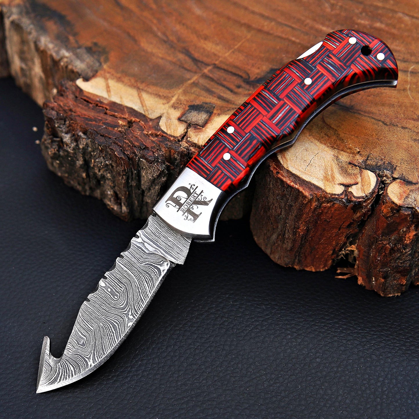 Red Checkered Gut Hook Damascus Knife – Handmade Folding Pocket Knife | Tactical EDC Hunting Knife | Gift for Him with Attitude