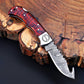 Red Checkered Gut Hook Damascus Knife – Handmade Folding Pocket Knife | Tactical EDC Hunting Knife | Gift for Him with Attitude