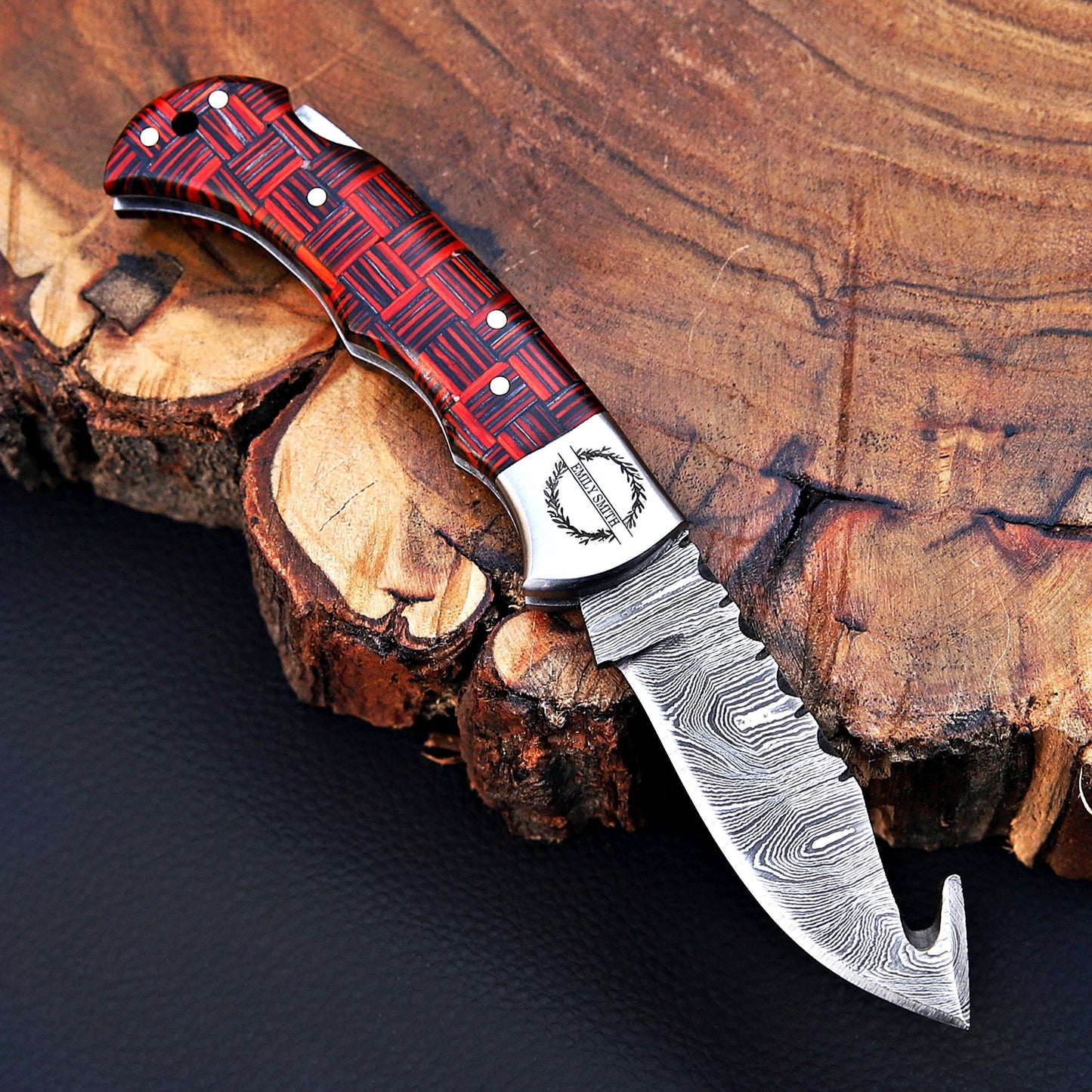 Red Checkered Gut Hook Damascus Knife – Handmade Folding Pocket Knife | Tactical EDC Hunting Knife | Gift for Him with Attitude