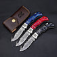 Damascus Folding Knife Set of 3 – Gut Hook Pocket Knives with Leather Sheath, Groomsmen Gift Set, Personalized Hunting Knives, Gift for Him
