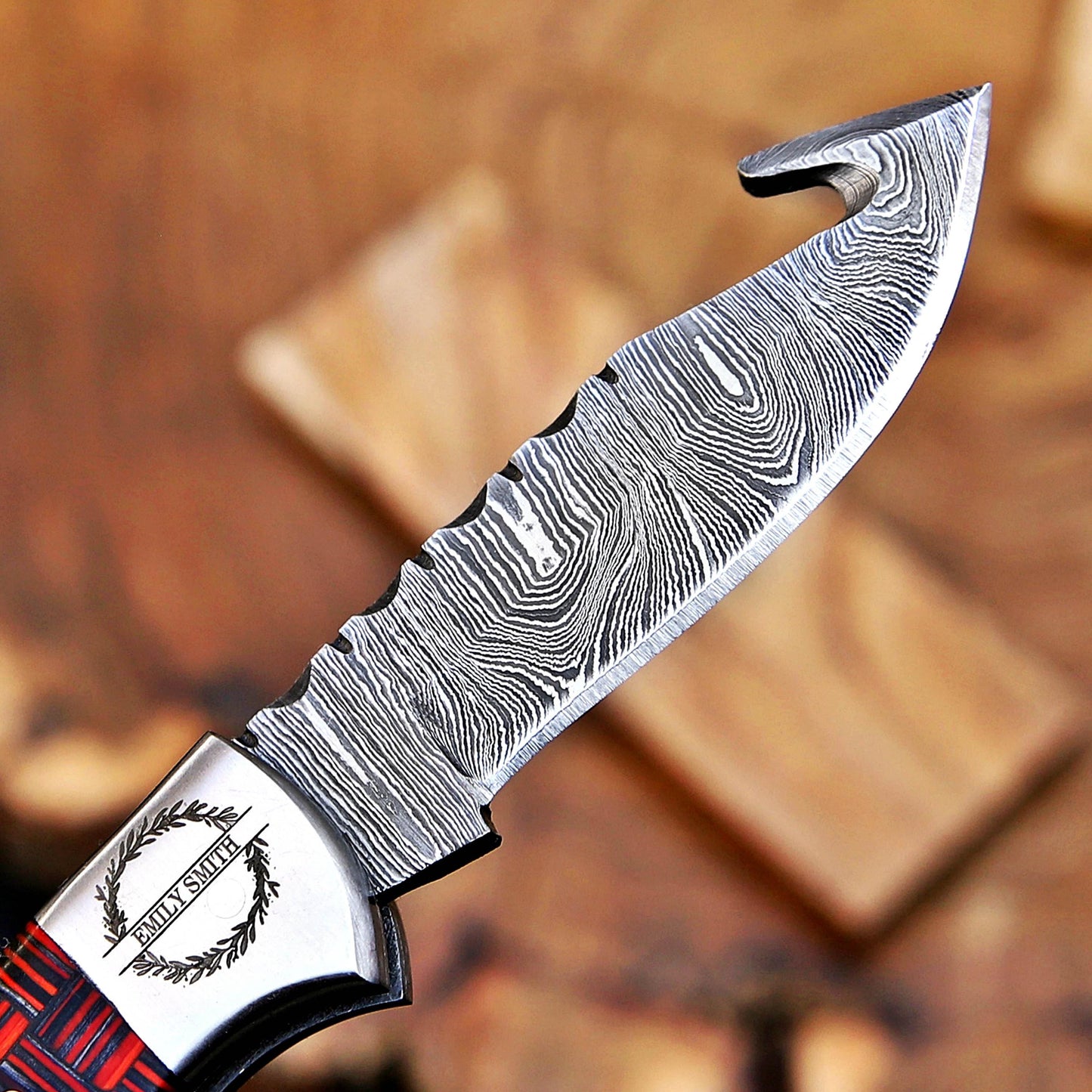 Red Checkered Gut Hook Damascus Knife – Handmade Folding Pocket Knife | Tactical EDC Hunting Knife | Gift for Him with Attitude