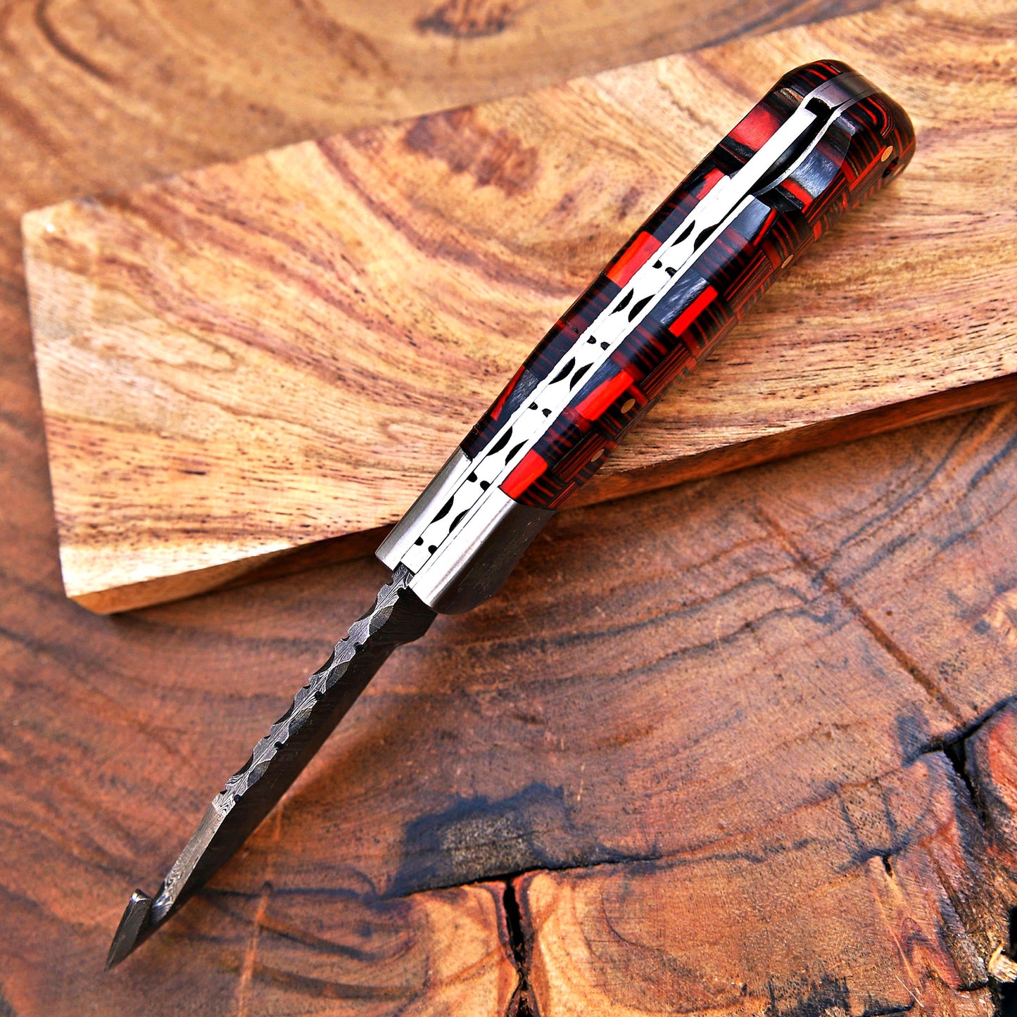 Red Checkered Gut Hook Damascus Knife – Handmade Folding Pocket Knife | Tactical EDC Hunting Knife | Gift for Him with Attitude