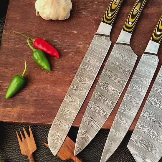 5pc Custom Damascus Steel Cooking Knives, Handmade BBQ Indoor, Outdoor Camping Kitchen Chef Knife Set, Full Tang Knives Gift For Dad