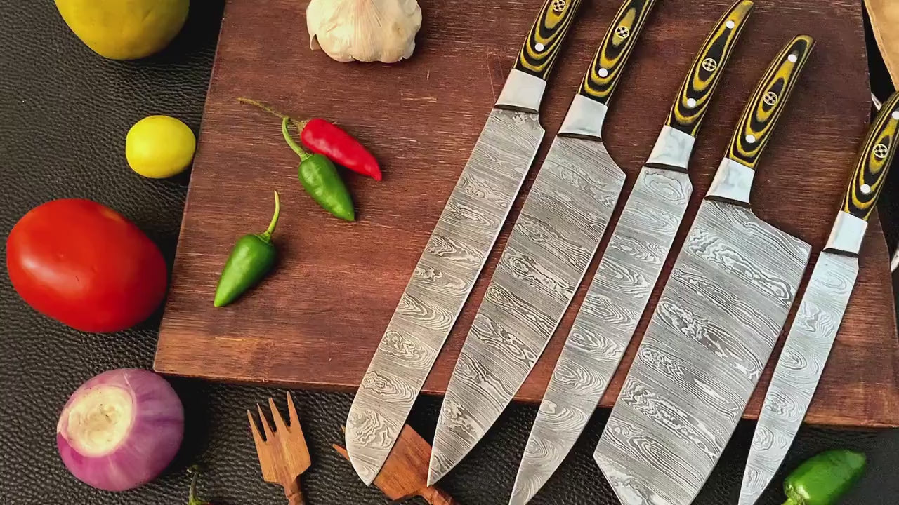 5pc Custom Damascus Steel Cooking Knives, Handmade BBQ Indoor, Outdoor Camping Kitchen Chef Knife Set, Full Tang Knives Gift For Dad