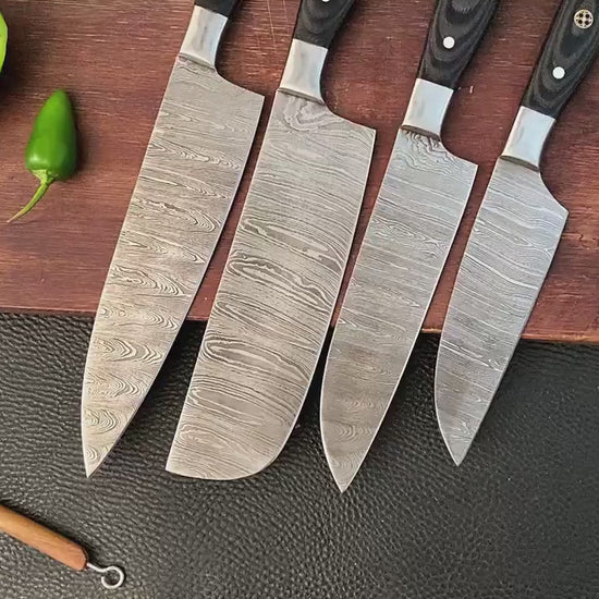 4 pc Black Kitchen Damascus Steel Set Knives  - Authentic Handmade Personalized BBQ Cooking Indoor/Outdoor Chef Knife Gift Free Leather Roll