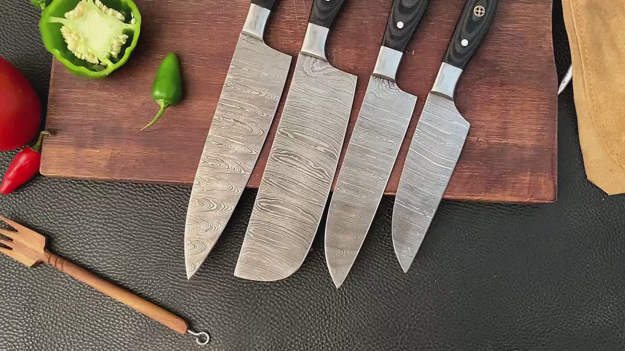 4 pc Black Kitchen Damascus Steel Set Knives  - Authentic Handmade Personalized BBQ Cooking Indoor/Outdoor Chef Knife Gift Free Leather Roll