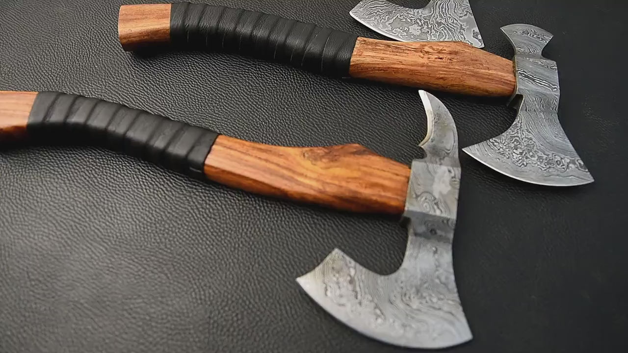 Hand Forged Small Handy Size Camping Axes, Damascus Steel Wood Handle Leather Wrapped Gift for Camper, Gift for Dad, Free Leather Sheath