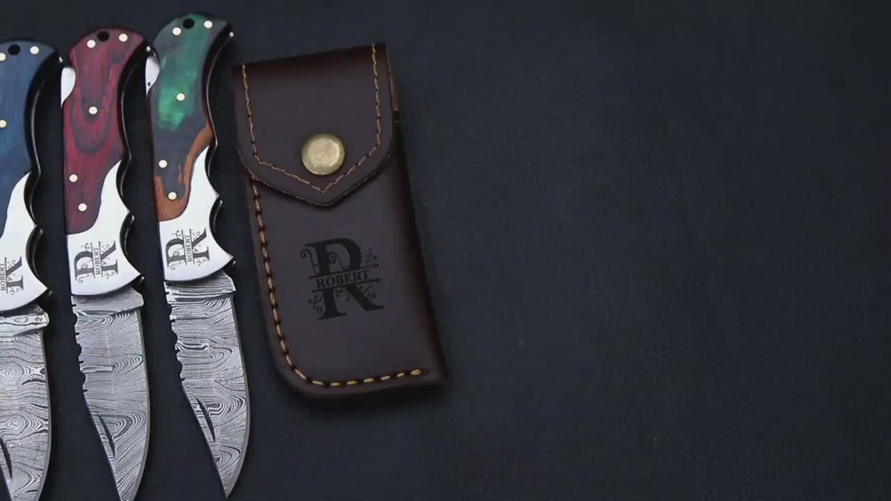 Damascus Folding Knife SET –  Custom Collection Damascus Knives Custom Pocket Knife with Leather Sheath, Handmade Gift for Him