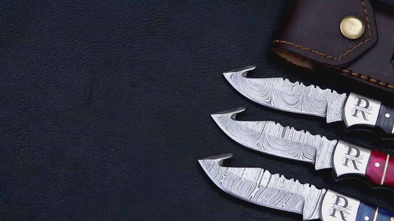 Damascus Folding Knife Set of 3 – Gut Hook Pocket Knives with Leather Sheath, Groomsmen Gift Set, Personalized Hunting Knives, Gift for Him