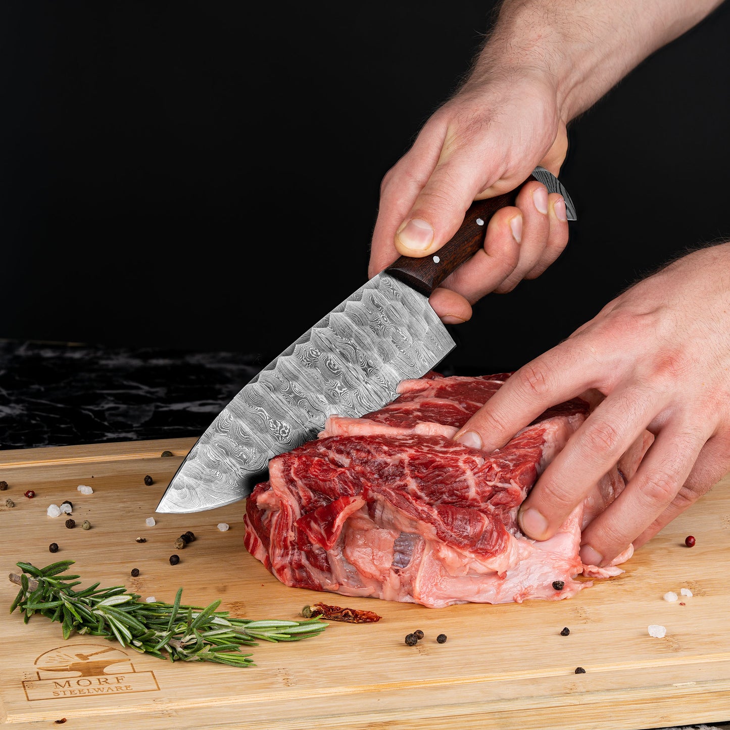 Damascus Chef Knife Slicing Beef