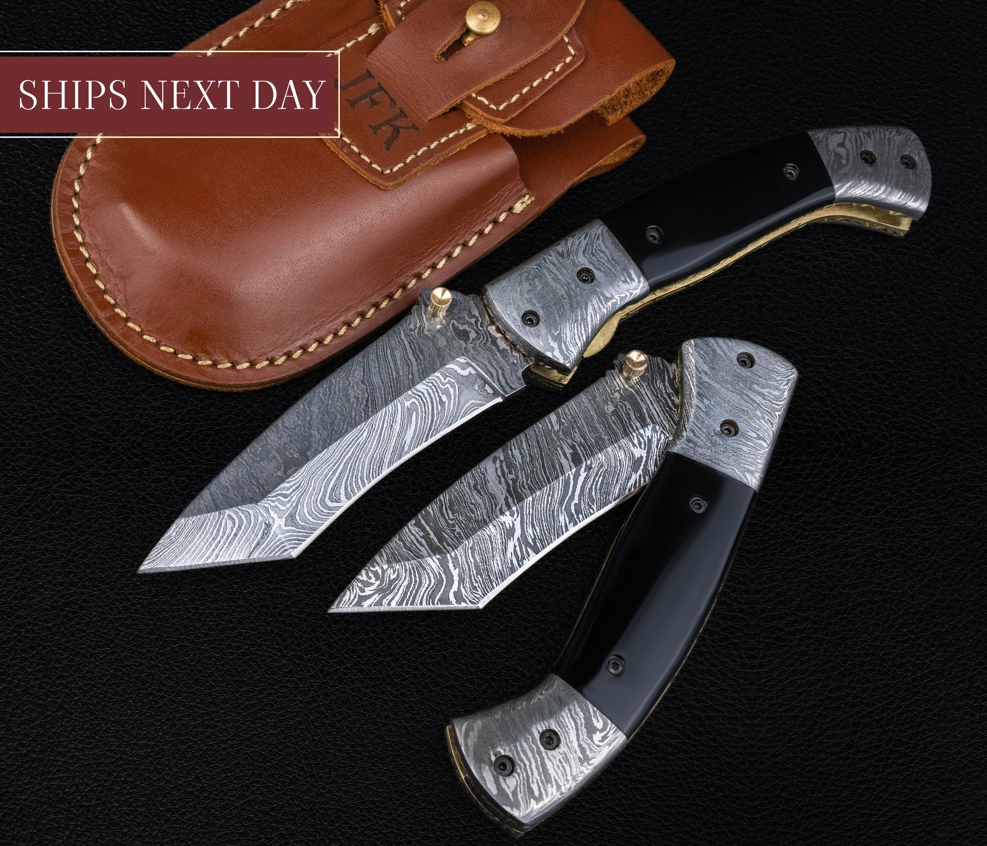 Curved Hand Forged Black Damascus Folding Knife