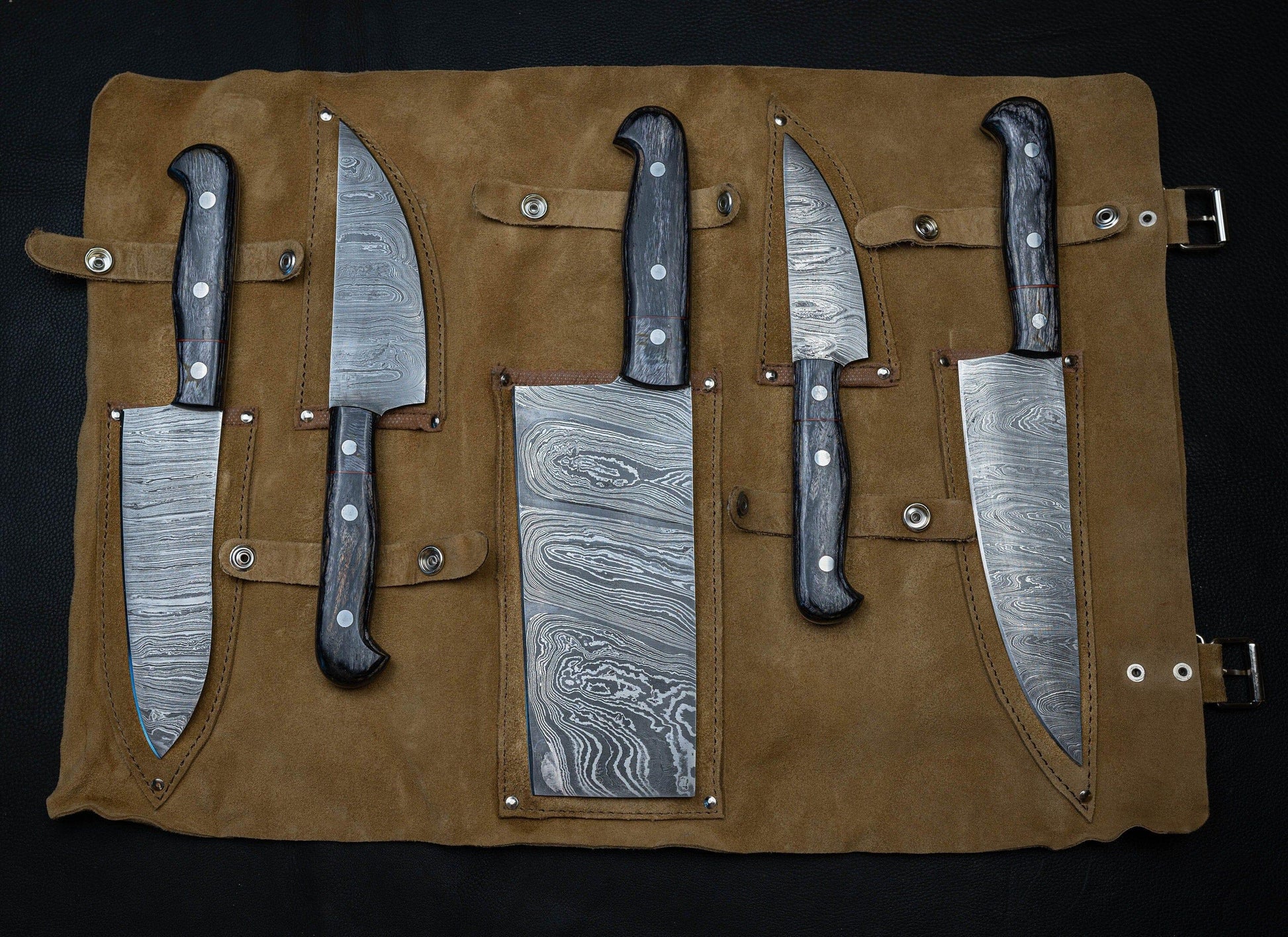 5 Pieces Handmade Damascus Kitchen Knife Chef's Knife Set With Forging Mark  Blades And Leather Roll, Personalized Chef Knife ,Kitchen Knives