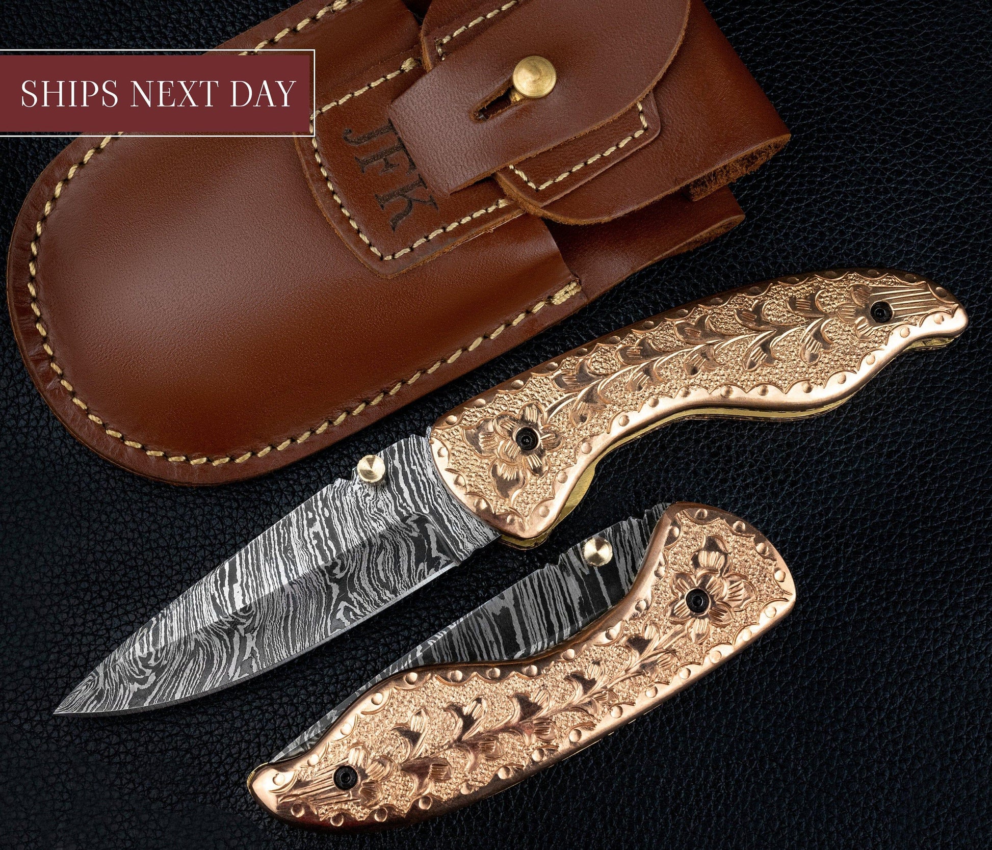 7.5" Hand Forged Engraved Copper Handle Damascus Fold Knife,Hand Made Damascus Pocket Knife, Damascus Steel Hunting knife, Folding Knife 