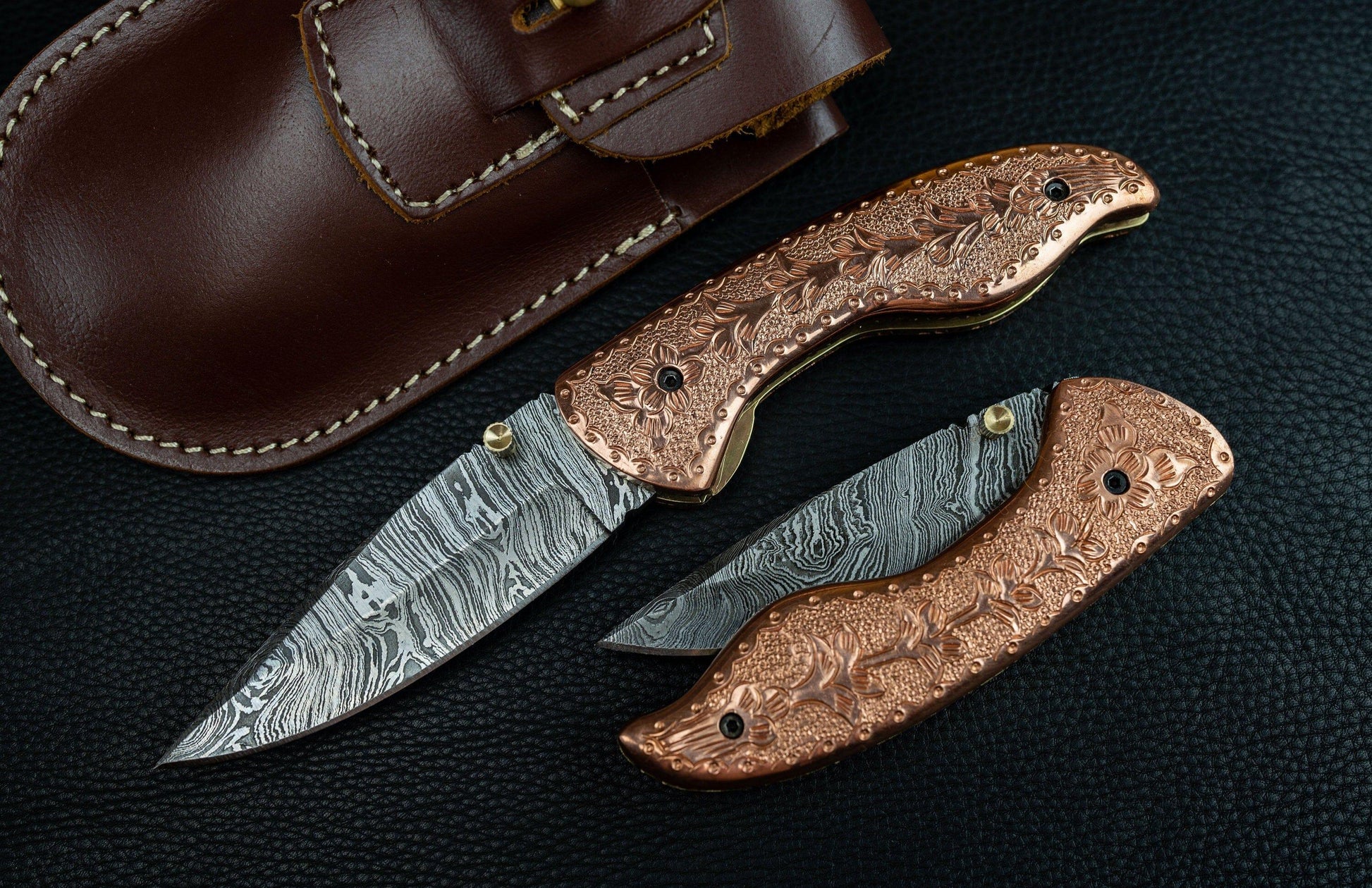 7.5" Hand Forged Engraved Copper Handle Damascus Fold Knife,Hand Made Damascus Pocket Knife, Damascus Steel Hunting knife, Folding Knife Etsy 