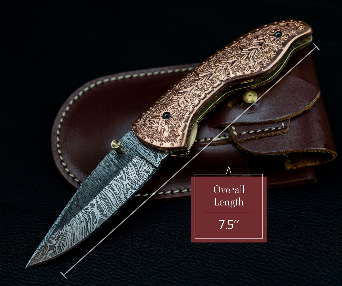 7.5" Hand Forged Engraved Copper Handle Damascus Fold Knife,Hand Made Damascus Pocket Knife, Damascus Steel Hunting knife, Folding Knife 