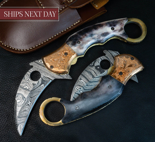 8'' Hand Forged Real Bone Handle Damascus Fold Knife, Damascus Pocket Knife, Damascus Steel Hunting Karambit, Hand Forged Damascus Knife Etsy 