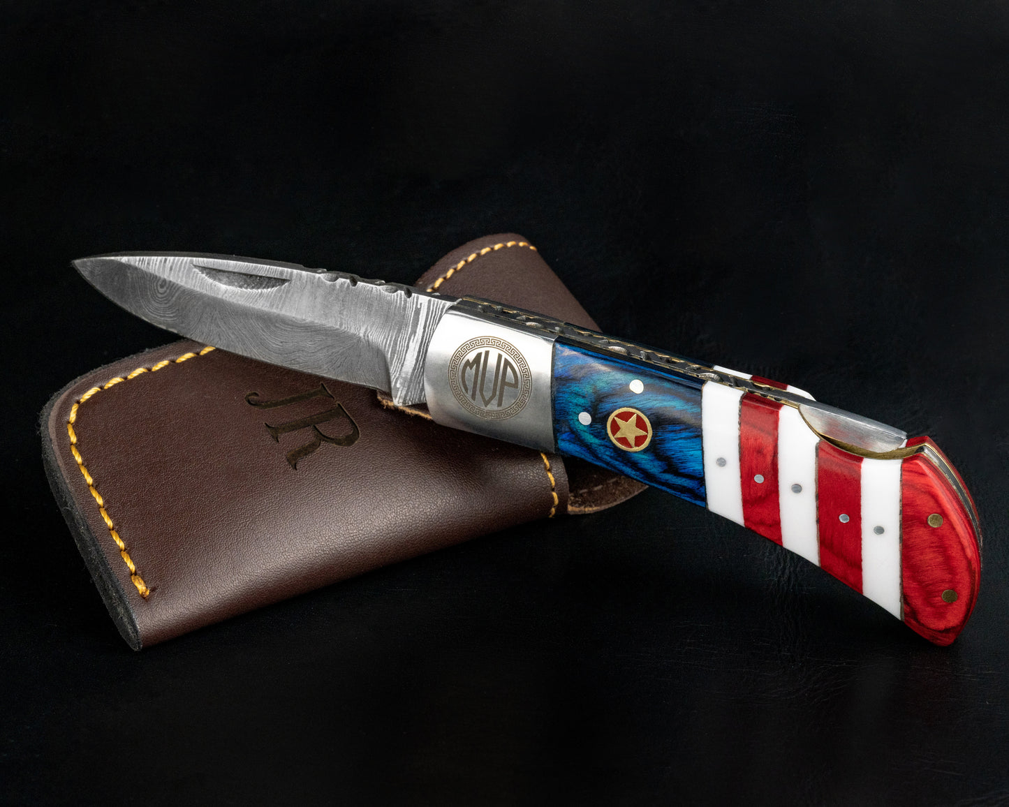 Damascus Steel Flag Handle Pocket Knife