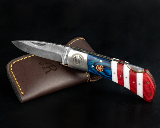 Damascus Steel Flag Handle Pocket Knife
