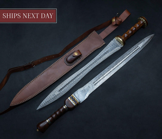 Hand Forged Damascus Steel Gladiator Sword, Damascus Steel Roman sword, Hand Made Sword, Combat sword, Damascus Sword With Leather Sheath Etsy 