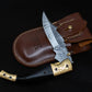 8.5" Damascus Steel Pattern Pocket Knife Gold Black Horn Accent Brass Folding Knife Hunting Clip Point Groomsmen Gift for Boyfriend Men Gift