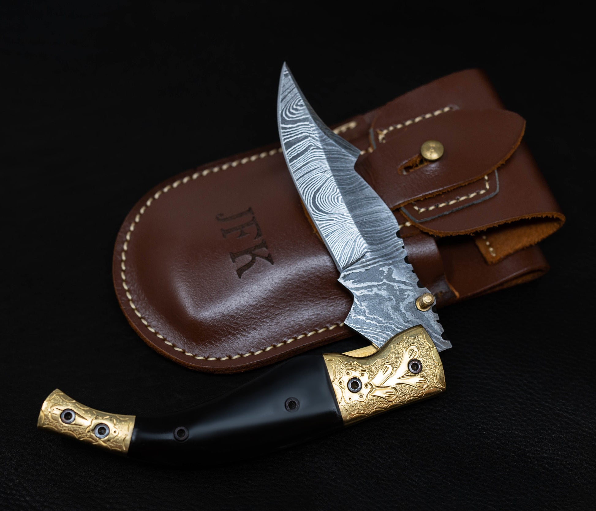 8.5" Damascus Steel Pattern Pocket Knife Gold Black Horn Accent Brass Folding Knife Hunting Clip Point Groomsmen Gift for Boyfriend Men Gift
