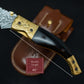 8.5" Damascus Steel Pattern Pocket Knife Gold Black Horn Accent Brass Folding Knife Hunting Clip Point Groomsmen Gift for Boyfriend Men Gift