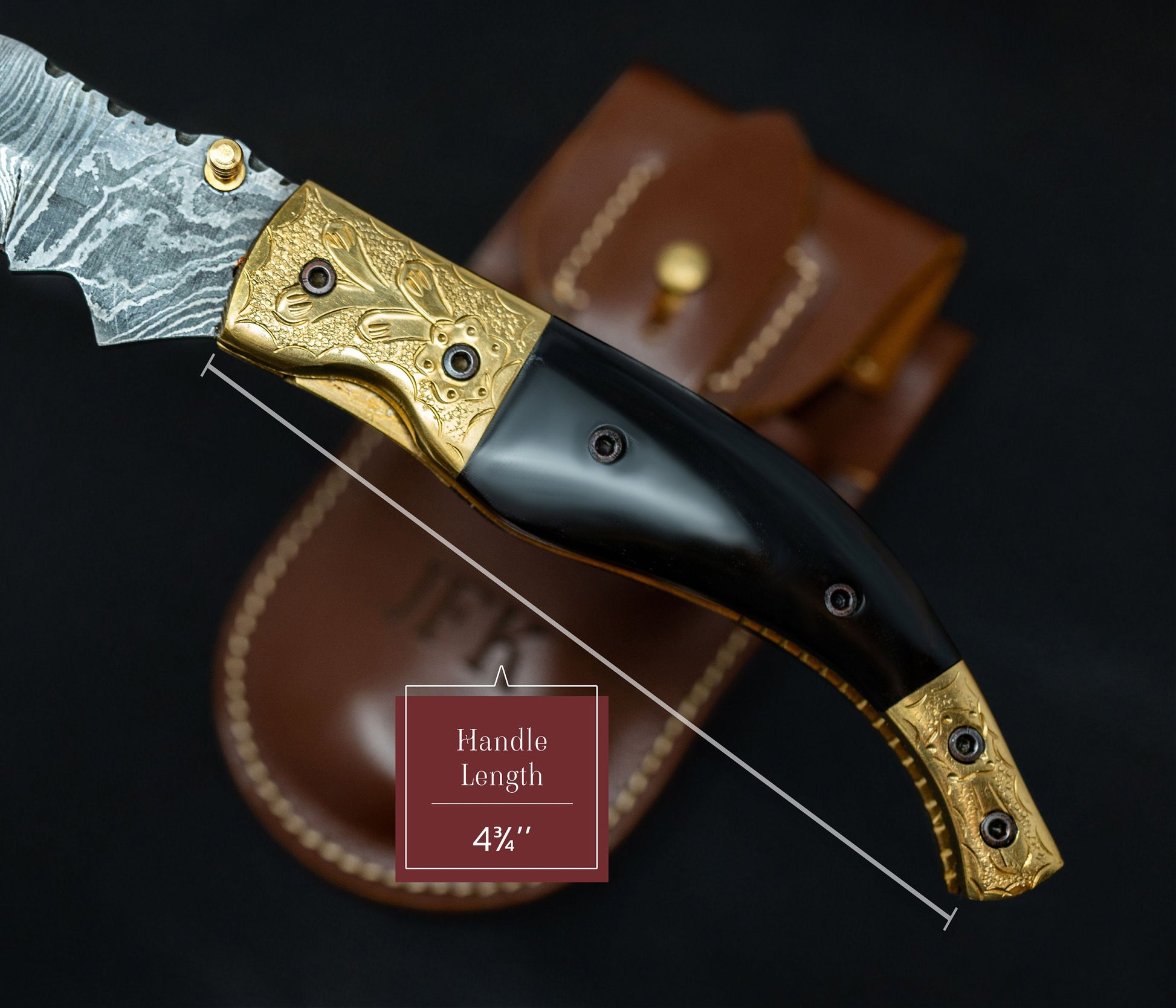 8.5" Damascus Steel Pattern Pocket Knife Gold Black Horn Accent Brass Folding Knife Hunting Clip Point Groomsmen Gift for Boyfriend Men Gift