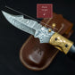 8.5" Damascus Steel Pattern Pocket Knife Gold Black Horn Accent Brass Folding Knife Hunting Clip Point Groomsmen Gift for Boyfriend Men Gift