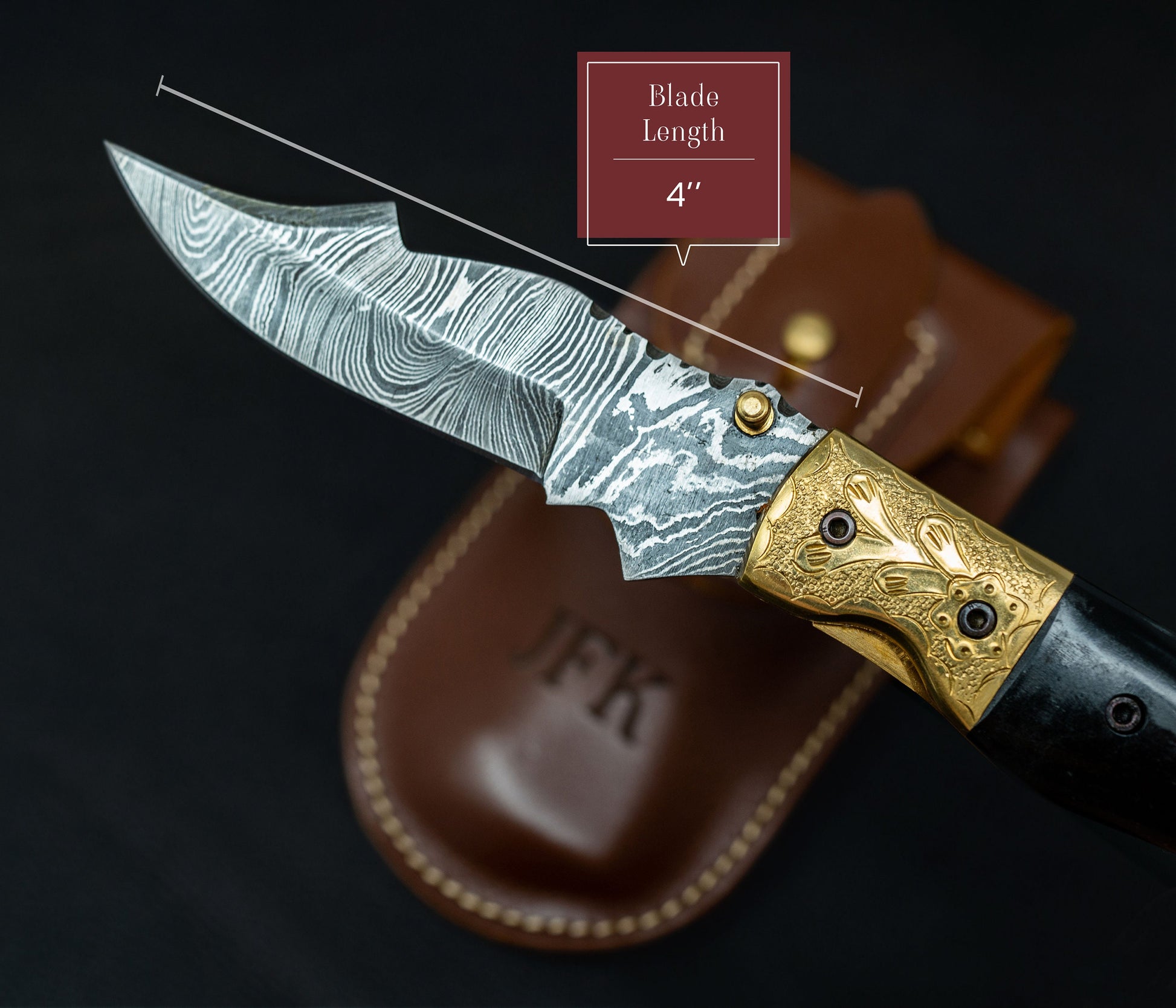 8.5" Damascus Steel Pattern Pocket Knife Gold Black Horn Accent Brass Folding Knife Hunting Clip Point Groomsmen Gift for Boyfriend Men Gift