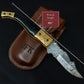 8.5" Damascus Steel Pattern Pocket Knife Gold Black Horn Accent Brass Folding Knife Hunting Clip Point Groomsmen Gift for Boyfriend Men Gift