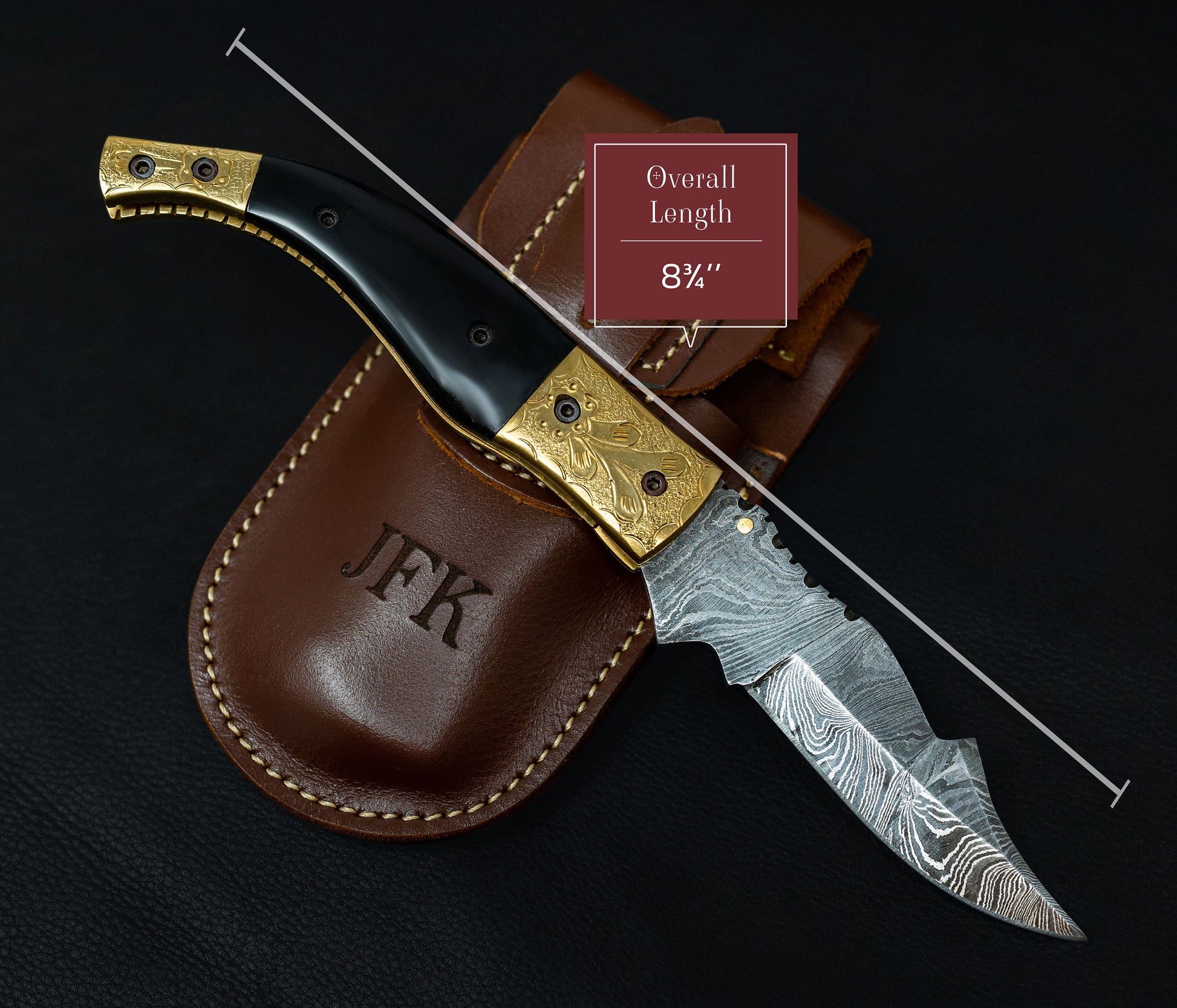 8.5" Damascus Steel Pattern Pocket Knife Gold Black Horn Accent Brass Folding Knife Hunting Clip Point Groomsmen Gift for Boyfriend Men Gift