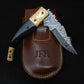 8.5" Damascus Steel Pattern Pocket Knife Gold Black Horn Accent Brass Folding Knife Hunting Clip Point Groomsmen Gift for Boyfriend Men Gift