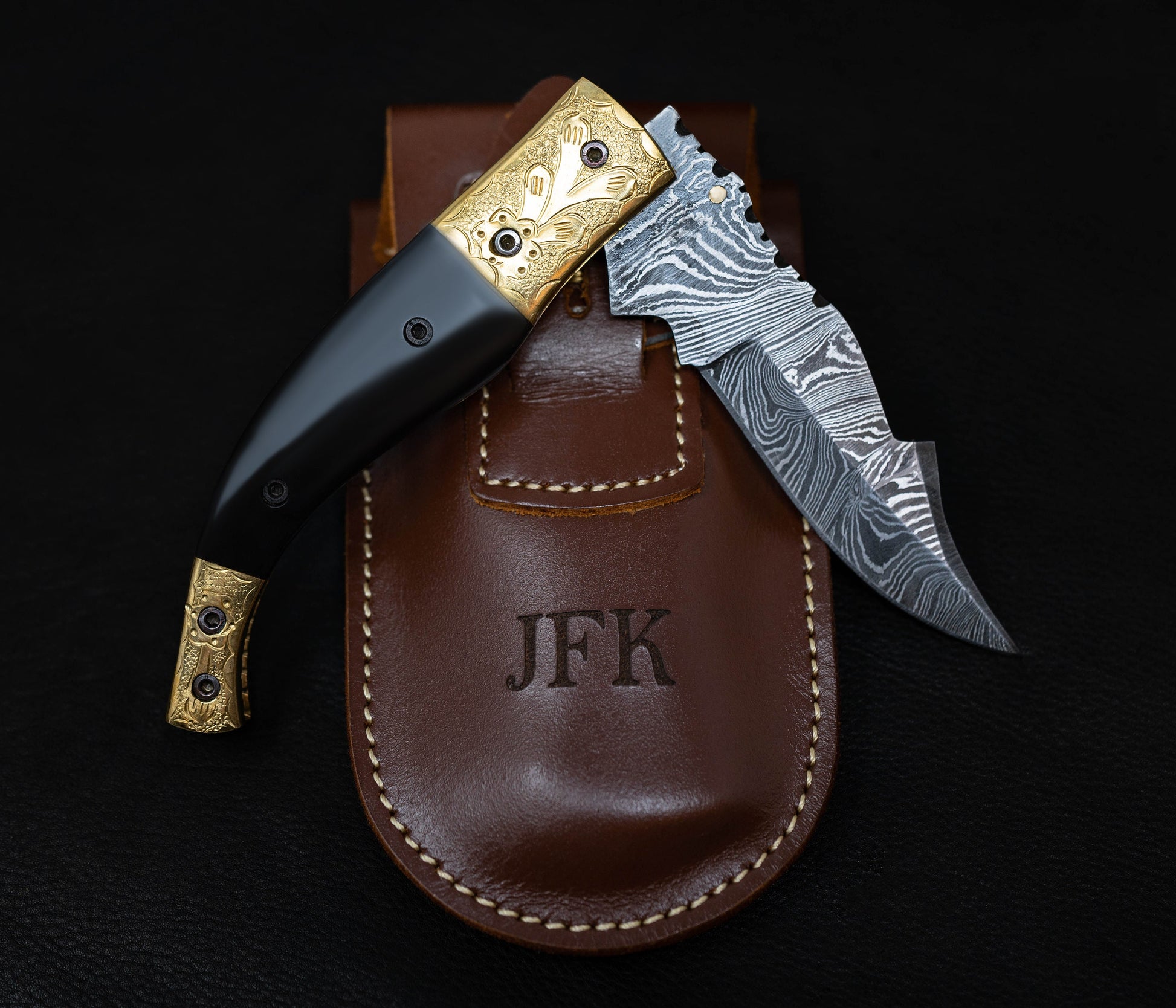8.5" Damascus Steel Pattern Pocket Knife Gold Black Horn Accent Brass Folding Knife Hunting Clip Point Groomsmen Gift for Boyfriend Men Gift