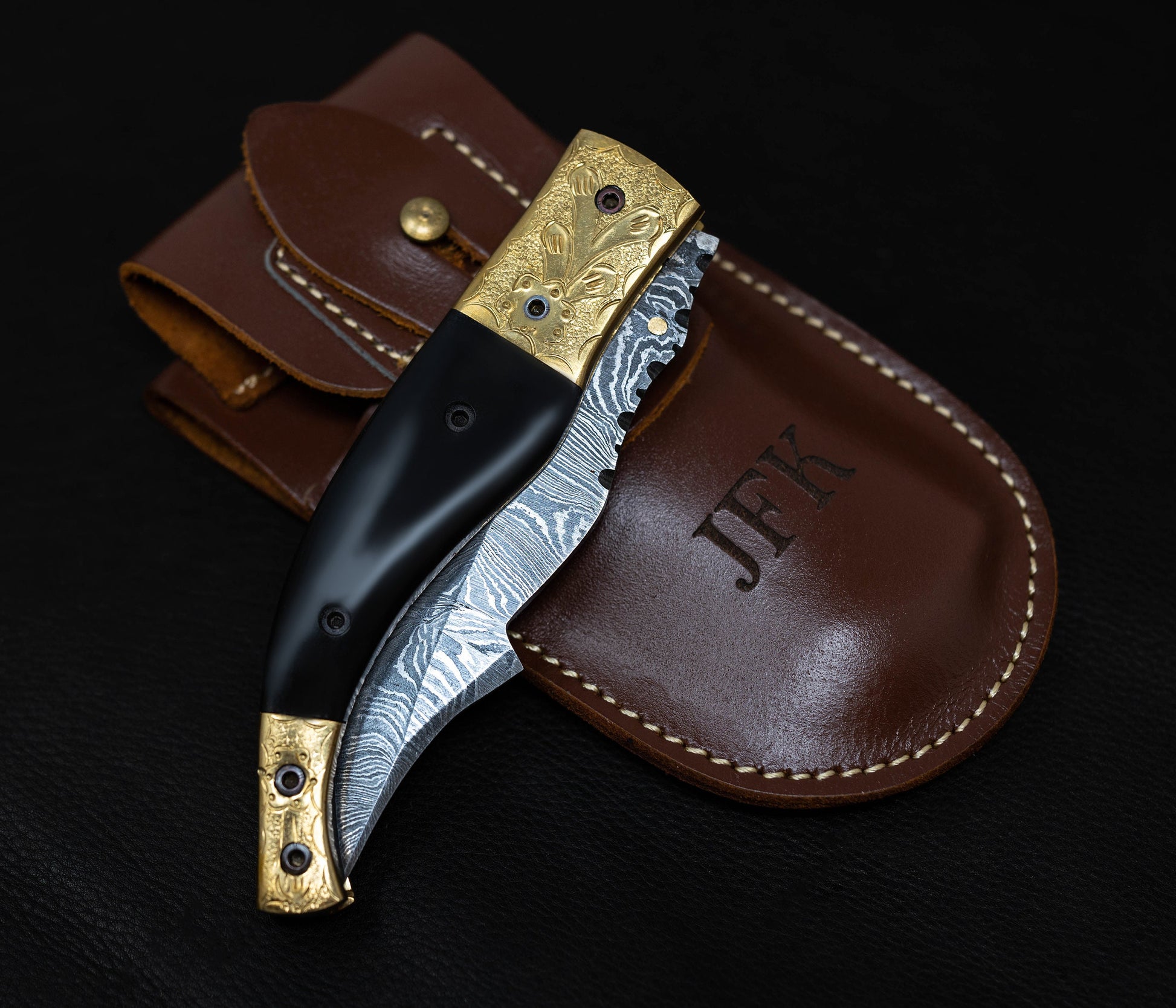8.5" Damascus Steel Pattern Pocket Knife Gold Black Horn Accent Brass Folding Knife Hunting Clip Point Groomsmen Gift for Boyfriend Men Gift
