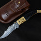 8.5" Damascus Steel Pattern Pocket Knife Gold Black Horn Accent Brass Folding Knife Hunting Clip Point Groomsmen Gift for Boyfriend Men Gift