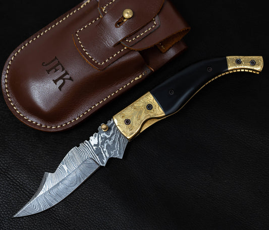 8.5" Damascus Steel Pattern Pocket Knife Gold Black Horn Accent Brass Folding Knife Hunting Clip Point Groomsmen Gift for Boyfriend Men Gift