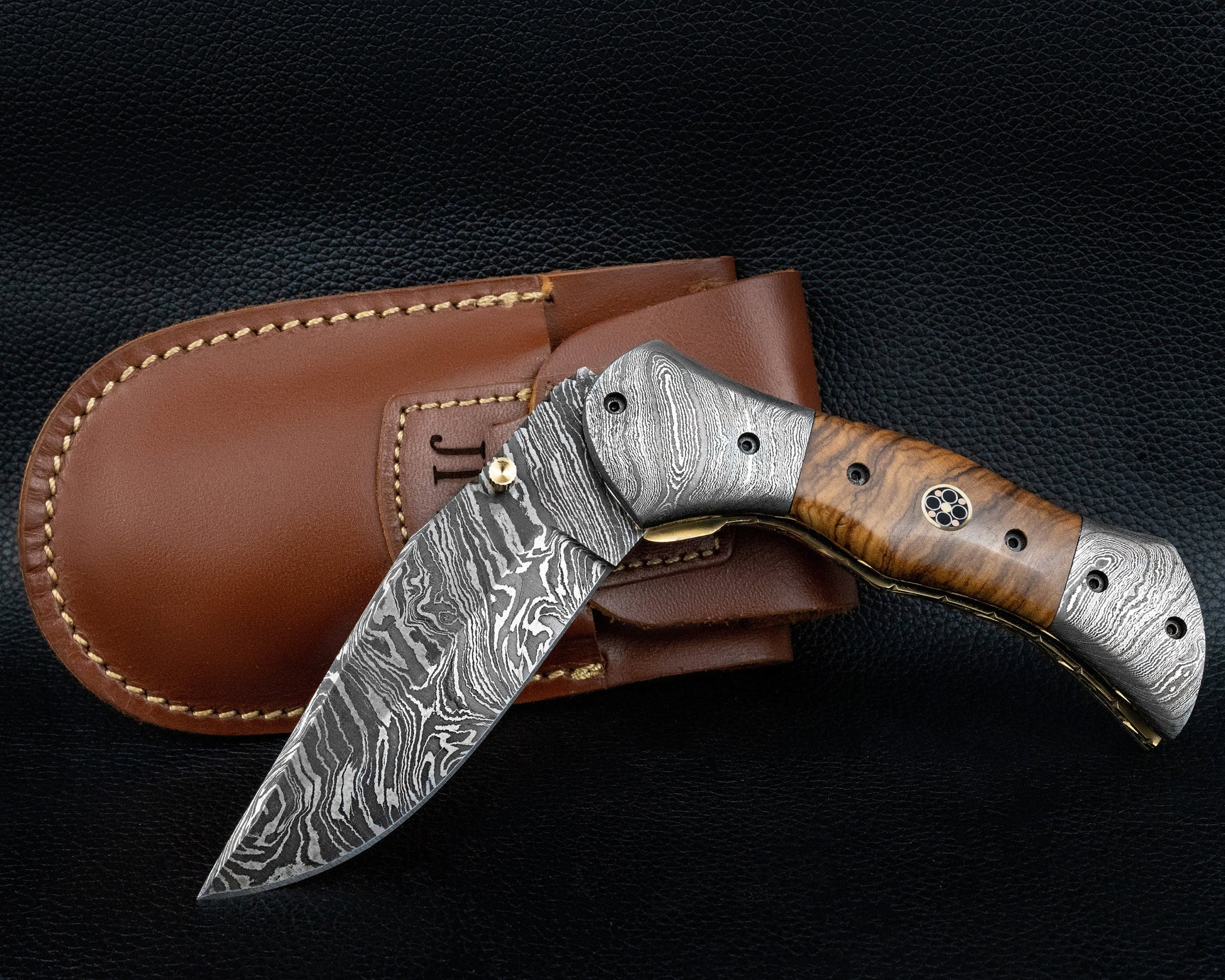 Handmade Damascus Pocket Knife Rose Wood Handle Birthday Gift