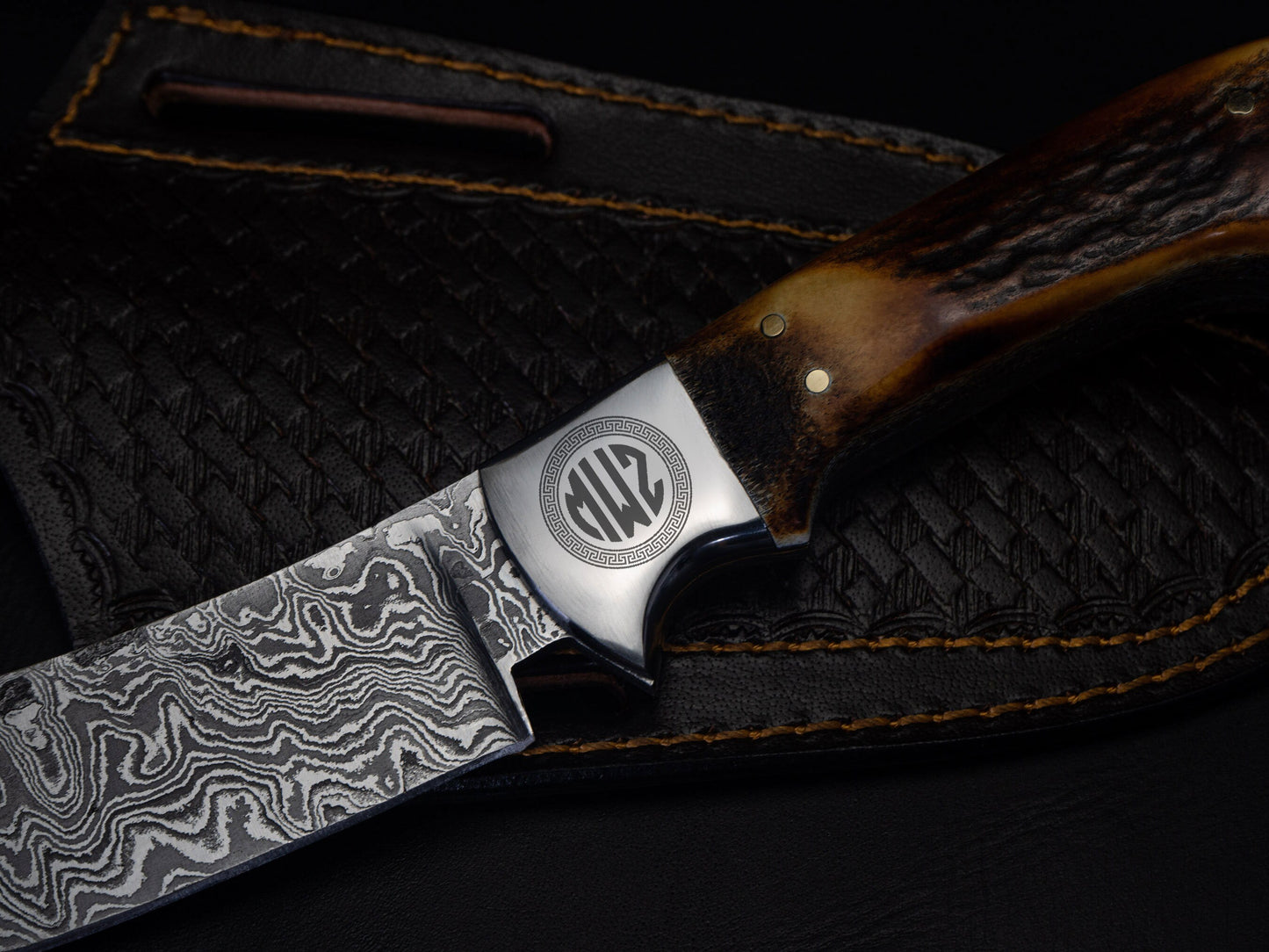 Hunting Damascus Steel Knife, Stag Horn Fixed Blade Full Tang Handmade Engravable Bolsters Gift for Him Groomsmen Gift Free Leather Sheath