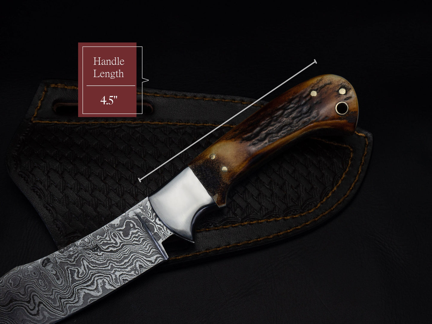 Hunting Damascus Steel Knife, Stag Horn Fixed Blade Full Tang Handmade Engravable Bolsters Gift for Him Groomsmen Gift Free Leather Sheath