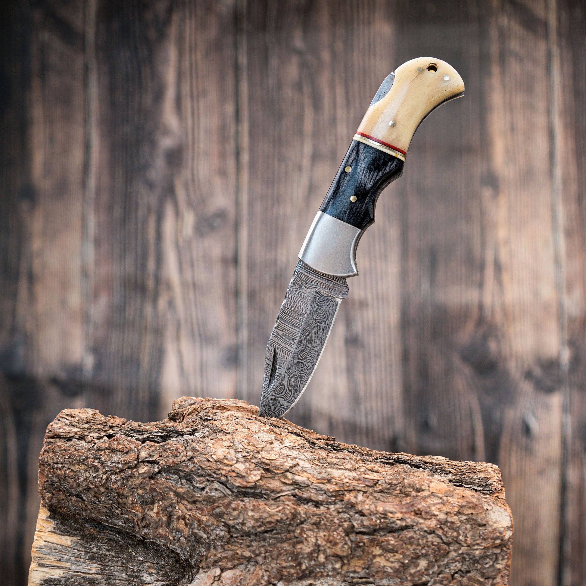 Black Wood Bone Handle Camping Damascus Steel Blade Pocket Knife - Authentic 6.5" Folding Knife Groomsmen Gift for Men Custom Handmade Knife